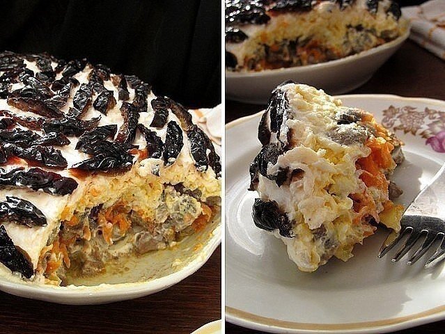 Слоеный салат с печенью и черносливом: вкусно и без майонеза